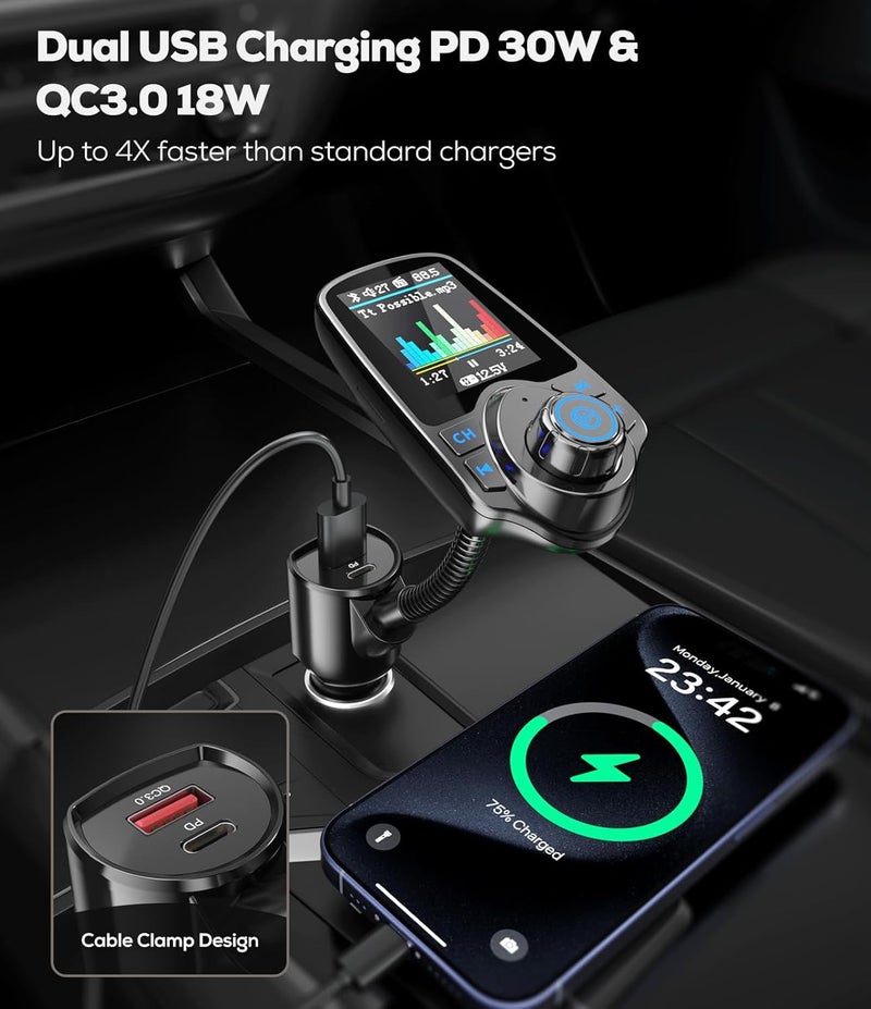 nulaxy [2026 KM18 Upgraded Version] 1.8" Color Screen 48W Bluetooth 5.4 Car Adapter, Dual Fasting Charging Ports [PD 30W & QC3.0 18W] Wireless Radio FM Transmitter, Hands-Free Call, 7 EQ Modes, Black - Image 4